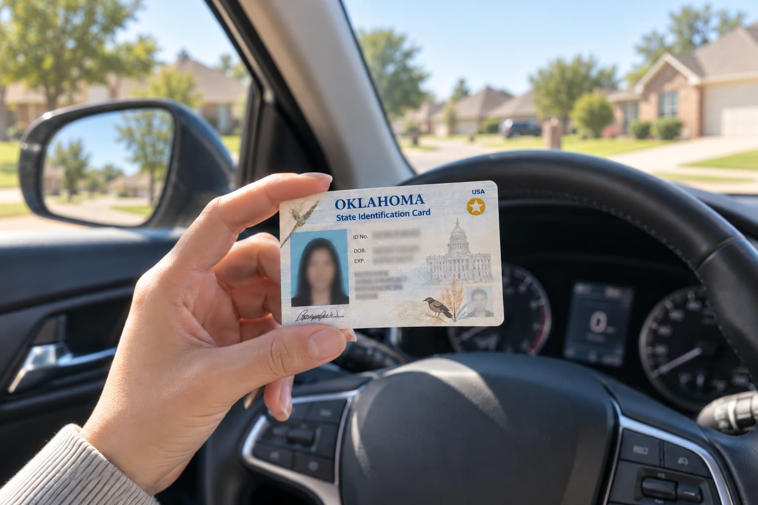 Oklahoma State ID held inside a car in an Oklahoma suburban neighborhood