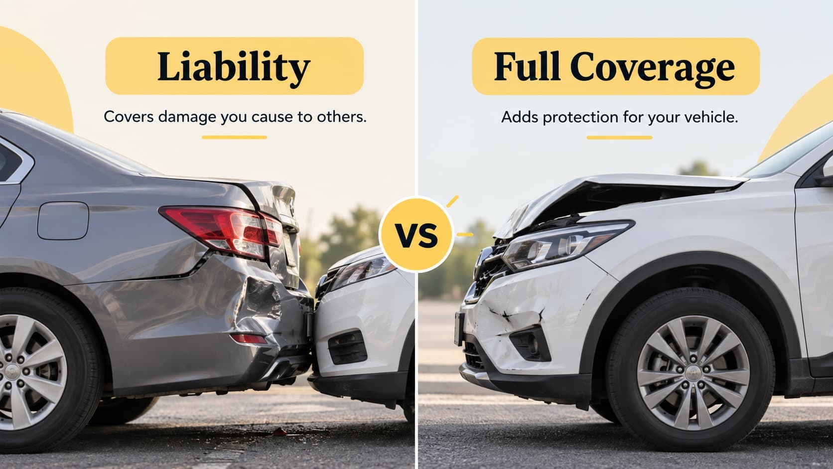 Split-screen comparison of liability vs. full coverage car insurance showing damage to the other driver’s car on one side and damage to the insured vehicle on the other.