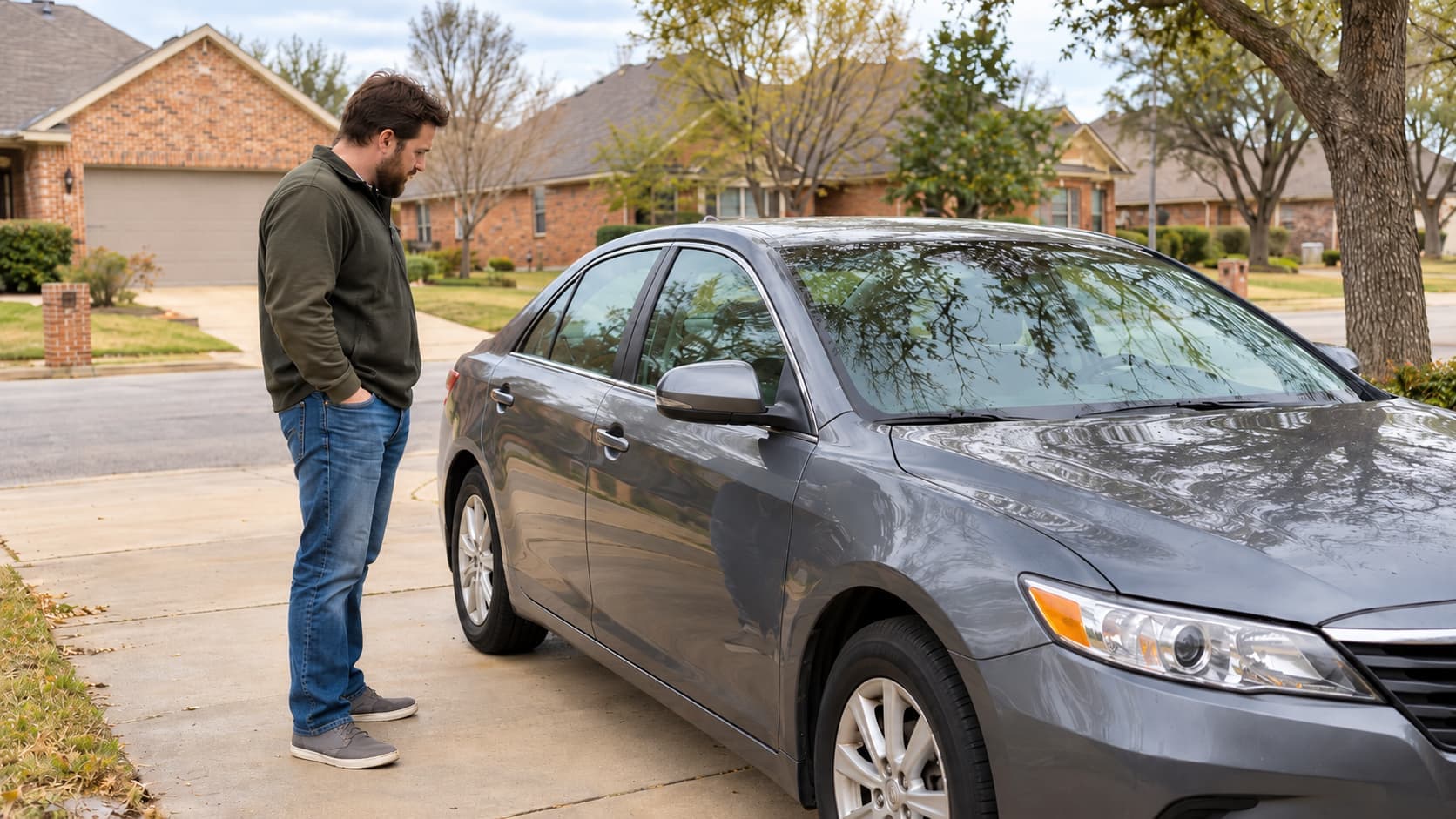 Man standing beside a sedan in an Oklahoma City neighborhood while reviewing car insurance options without a license.