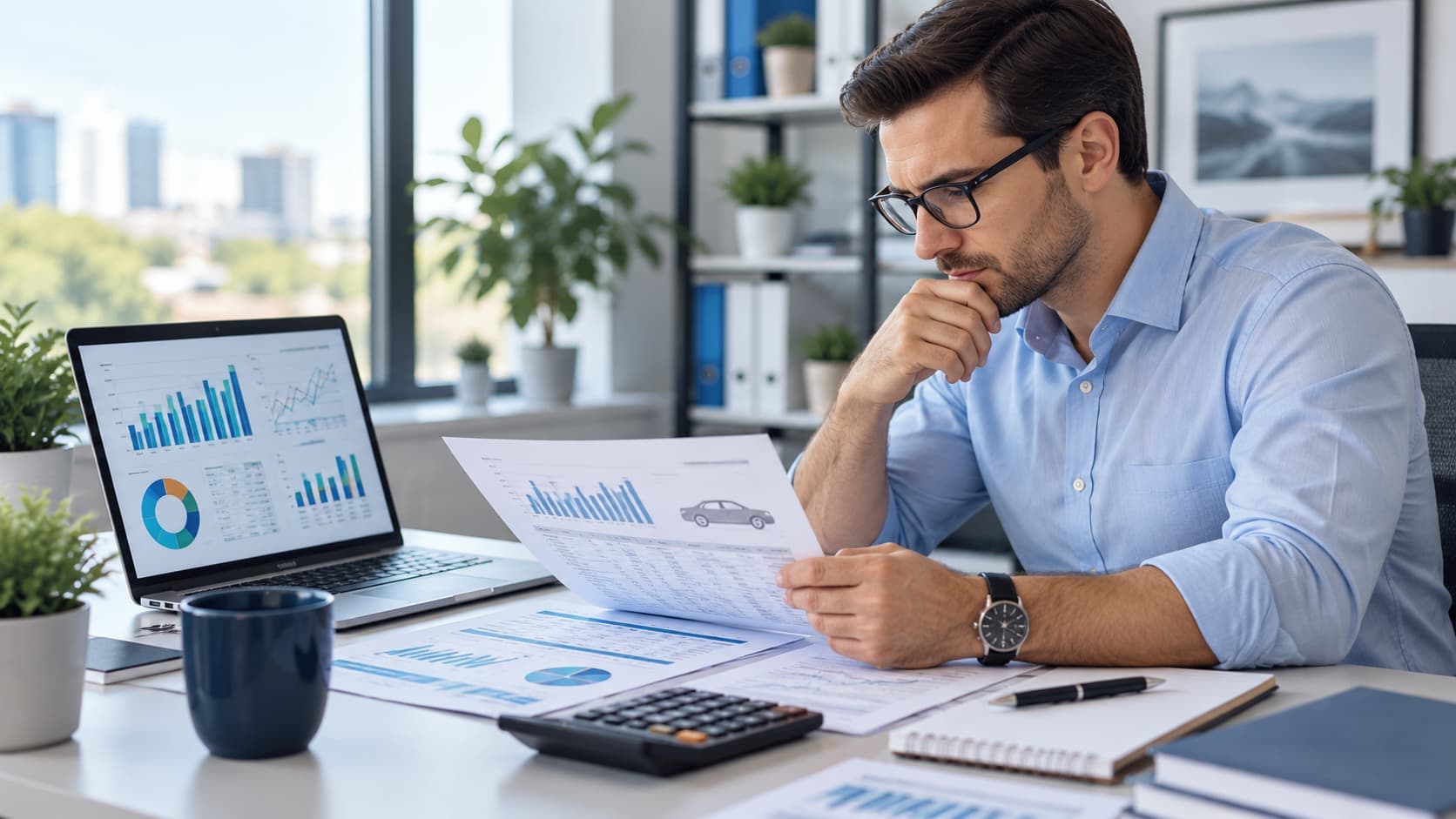 Insurance researcher reviewing car insurance rate comparison charts and pricing data on a laptop and printed documents.